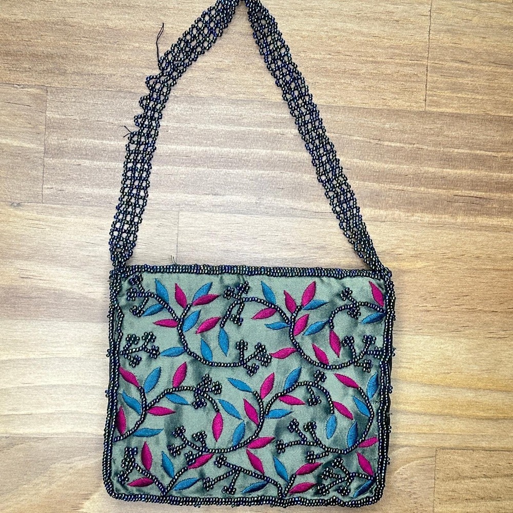 Vintage Beaded Floral Mini Shoulder Bag Green Pink Embroidered Purse